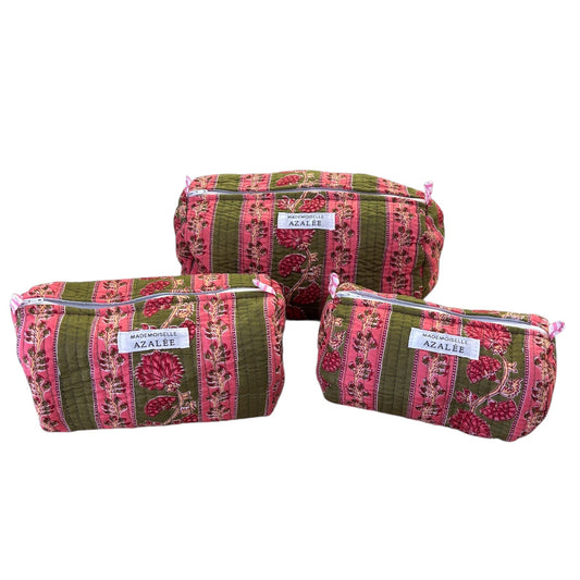 Trousse de Toilette Joséphine- trio Cueillette en coton matelassé imprimé main