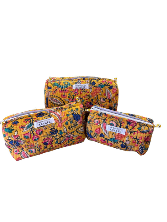 Trousse de Toilette Joséphine- trio Jaipur Soleil en coton matelassé imprimé main