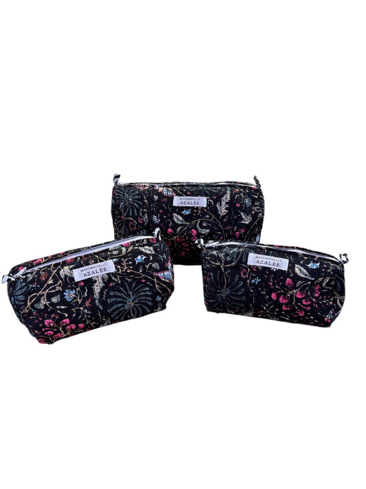Trousse de Toilette Joséphine- trio Butterfly Indigo en coton matelassé imprimé main