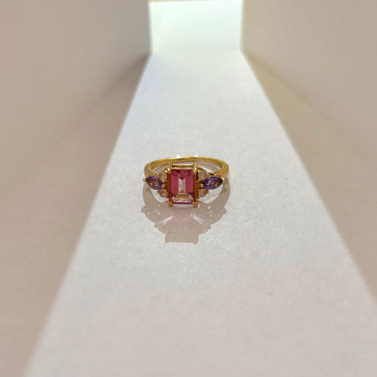 Bague Astrid en argent 925 plaqué or avec quartz rose, améthystes et pierres de lune, bijou premium création Mademoiselle Azalée à Agen.