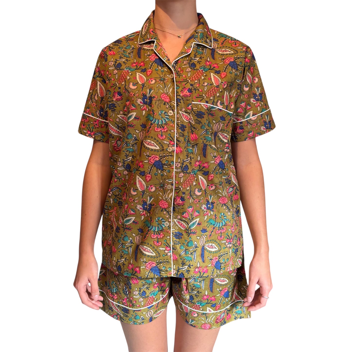 Pyjama court Jaipur femme en voile de coton, imprimé floral indien multicolore, ensemble confortable chemise et short Mademoiselle Azalée à Agen