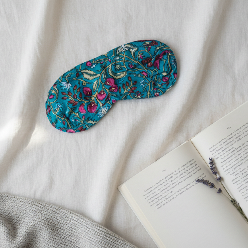 Masque de nuit Butterfly en coton imprimé bleu et rose, accessoire de sommeil confortable et artisanal, Mademoiselle Azalée à Agen