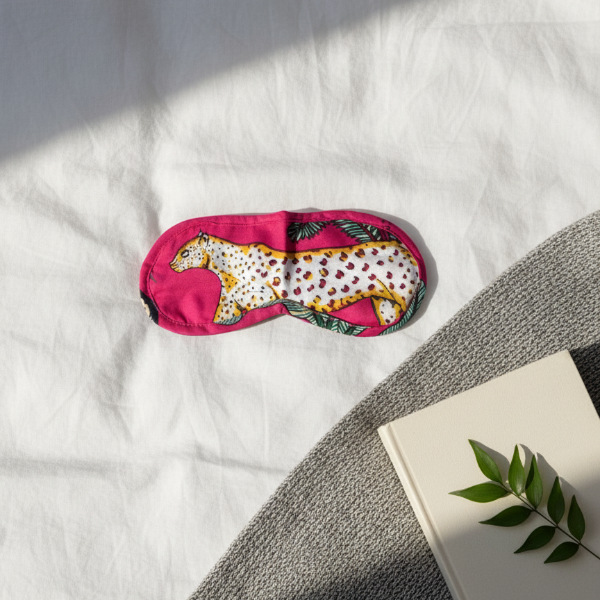 Masque de nuit en tissu motif jungle rose avec léopard, accessoire sommeil femme en coton, création Mademoiselle Azalée à Agen