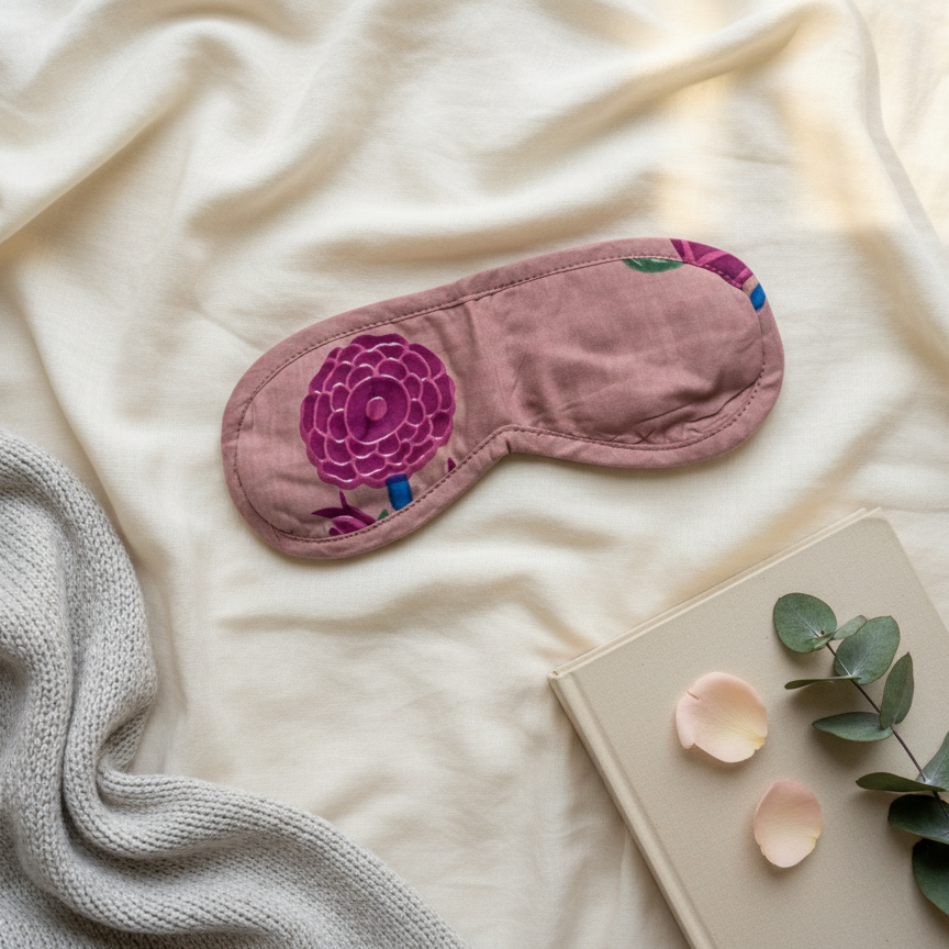 Masque de nuit en coton motif Palmito dans les tons rose poudré et violet, accessoire détente fait main disponible chez Mademoiselle Azalée à Agen