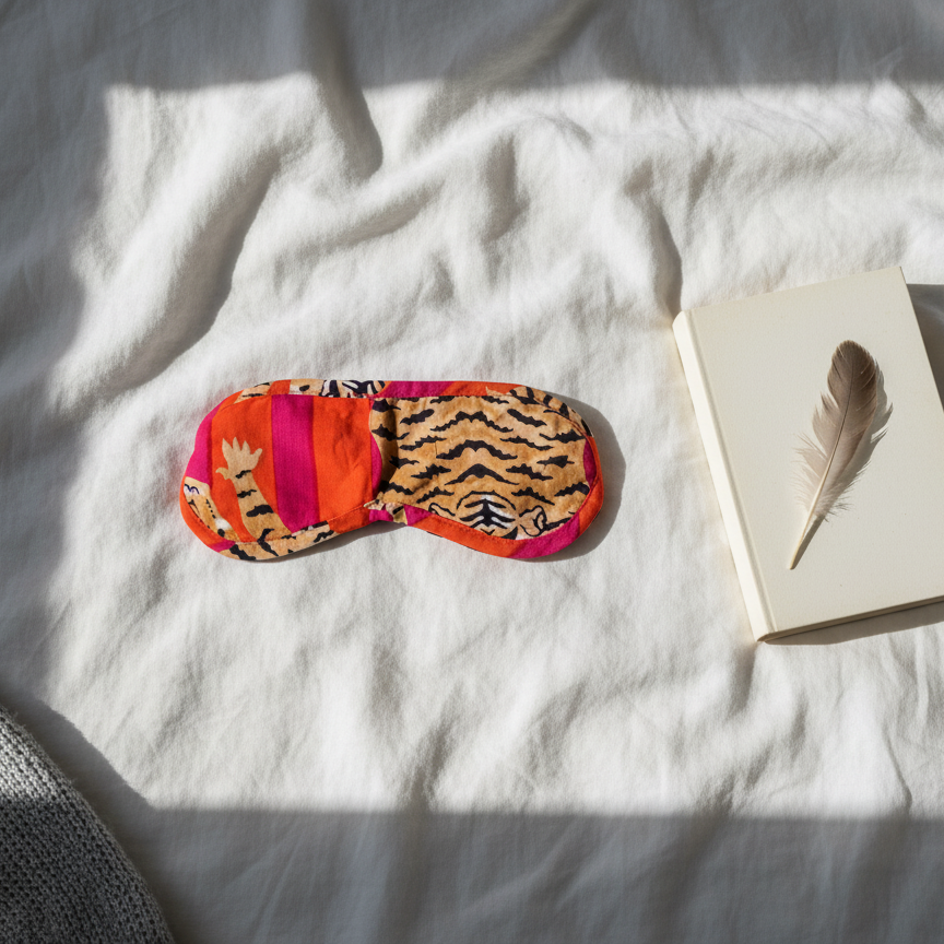 Masque de nuit imprimé tigre orange et rose en voile de coton, accessoire sommeil confortable et léger, Mademoiselle Azalée à Agen