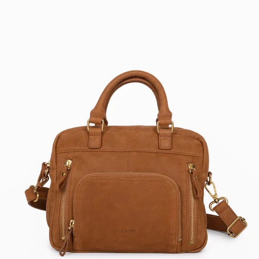 Sac Mini Macy couleur épice de Nat & Nin vu de face, petit sac en cuir camel avec poches zippées et anses rigides.
