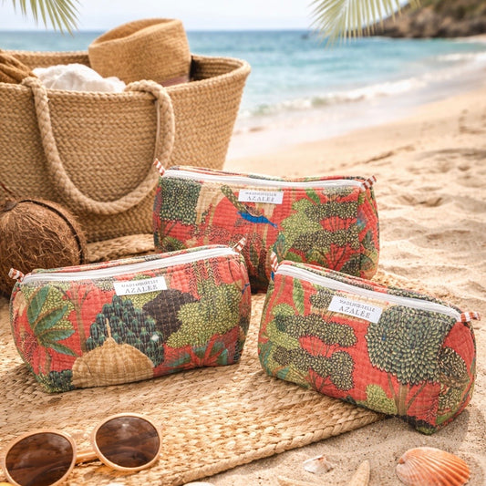 Trousse de Toilette Joséphine- trio Peacock en coton matelassé imprimé indien