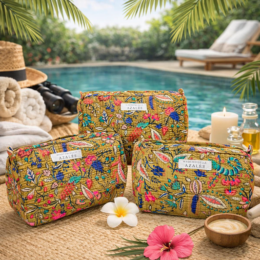 Trousse de Toilette Joséphine- trio Jaipur en coton matelassé imprimé indien