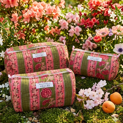 Trousse de Toilette Joséphine- trio Cueillette en coton matelassé imprimé main