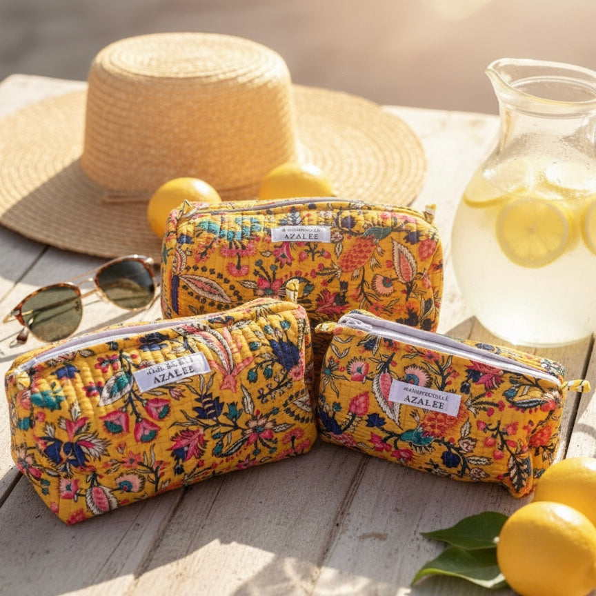 Trousse de Toilette Joséphine- trio Jaipur Soleil en coton matelassé imprimé main