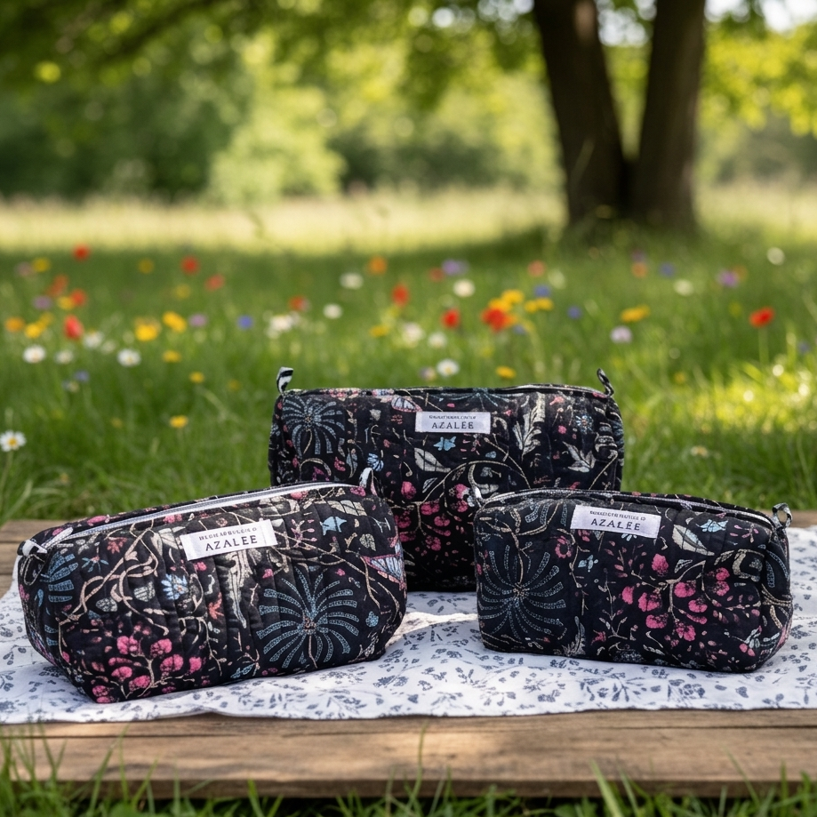 Trousse de Toilette Joséphine- trio Butterfly Indigo en coton matelassé imprimé main