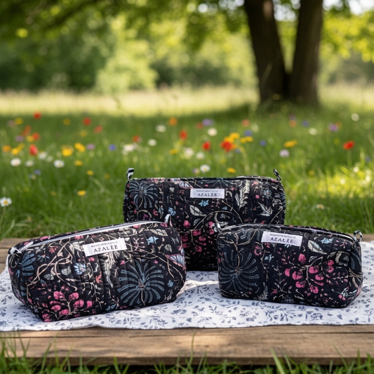 Trousse de Toilette Joséphine- trio Butterfly Indigo en coton matelassé imprimé main