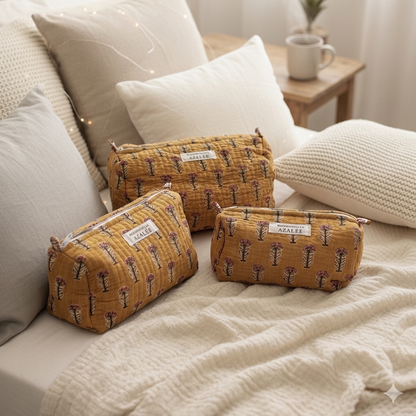 Trousse de Toilette Joséphine- trio Safran en coton matelassé imprimé main