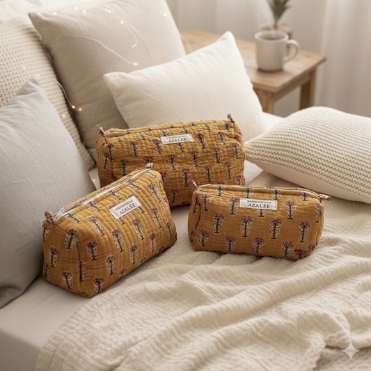 Trousse de Toilette Joséphine- trio Safran en coton matelassé imprimé main