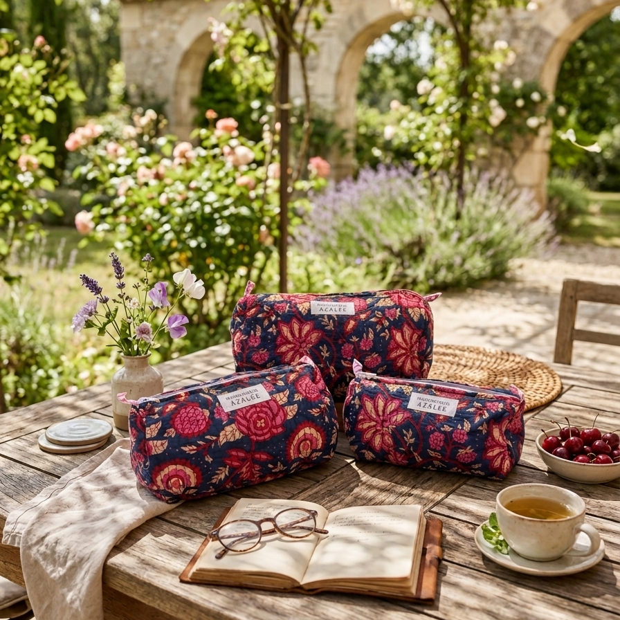 Trousse de Toilette Joséphine- trio Belladone en coton matelassé imprimé indien