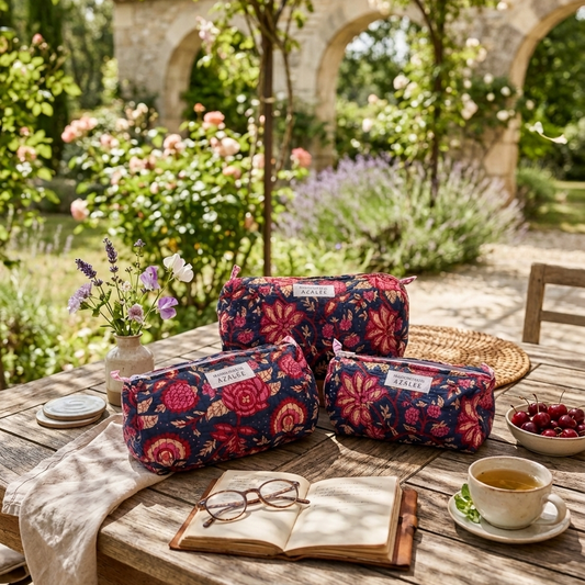 Trousse de Toilette Joséphine- trio Belladone en coton matelassé imprimé indien