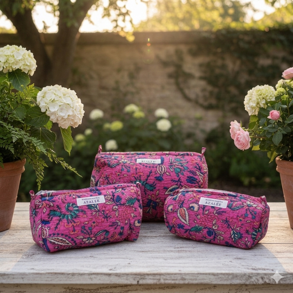 Trousse de Toilette Joséphine- trio Jaipur Carmin en coton matelassé imprimé main