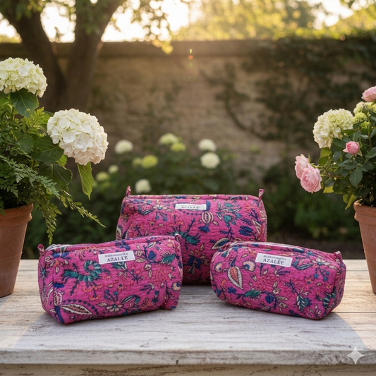 Trousse de Toilette Joséphine- trio Jaipur Carmin en coton matelassé imprimé main