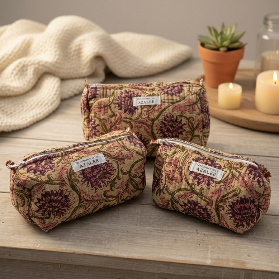 Trousse de Toilette Joséphine- trio Liane en coton matelassé imprimé main