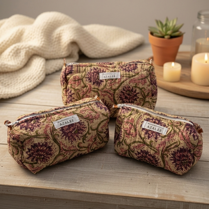 Trousse de Toilette Joséphine- trio Liane en coton matelassé imprimé main