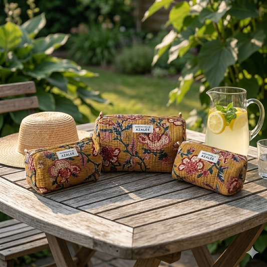 Trousse de Toilette Joséphine- trio Bengale en coton matelassé imprimé main
