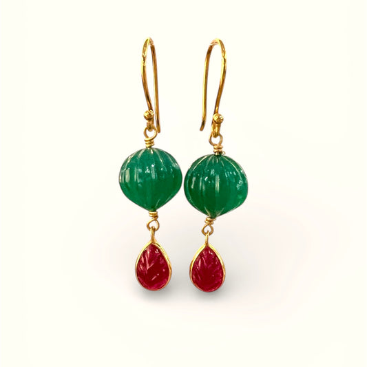 Boucles d'oreilles Hindi onyx vert et rubis