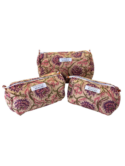 Trousse de Toilette Joséphine- trio Liane en coton matelassé imprimé main