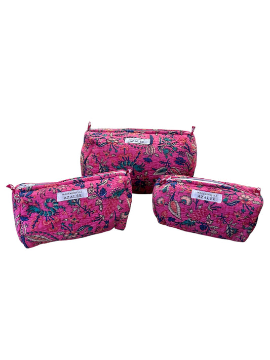 Trousse de Toilette Joséphine- trio Jaipur Carmin en coton matelassé imprimé main