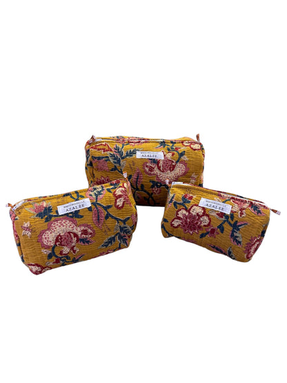 Trousse de Toilette Joséphine- trio Bengale en coton matelassé imprimé main