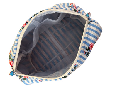 Trousse de Toilette Joséphine- trio Peonie Blue  en coton matelassé imprimé indien