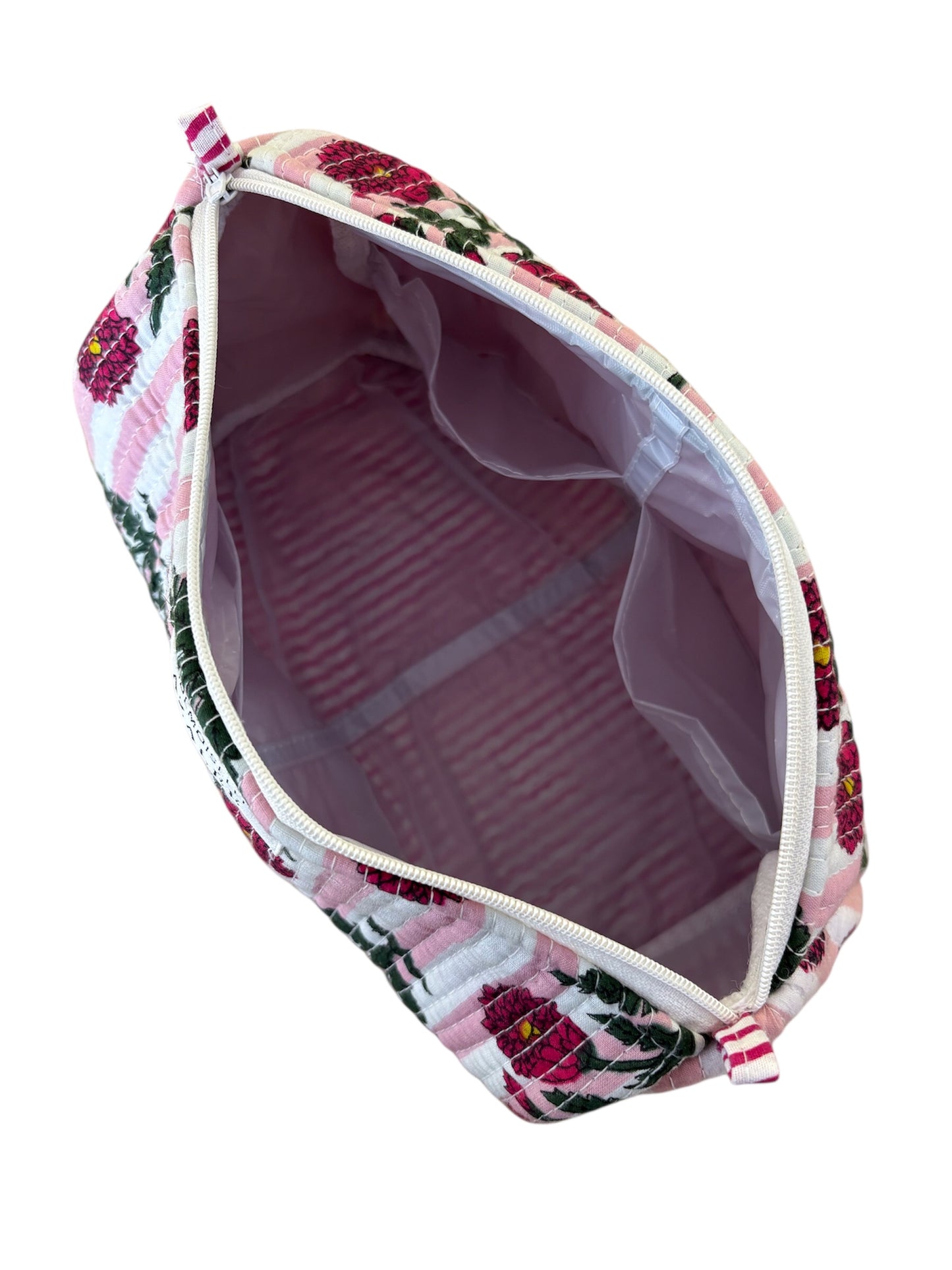Trousse de Toilette Joséphine- trio Peonie Pink en coton matelassé imprimé indien