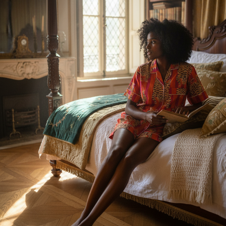 Femme portant un pyjama court en coton indien, imprimé tigres sur rayures orange et fushia, chemise à manches courtes et short assorti