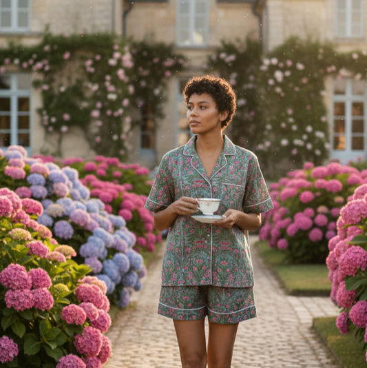 Pyjama court femme en coton indien, imprimé floral rose sur bleu vert foncé avec chemise à manches courtes et short assorti