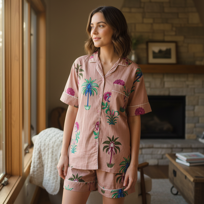 Jeune femme debout portant un pyjama Palmoito court.