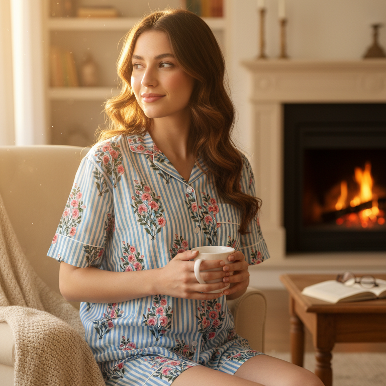 Femme assise portant un pyjama court rayé bleu et blanc avec des pivoines. 
