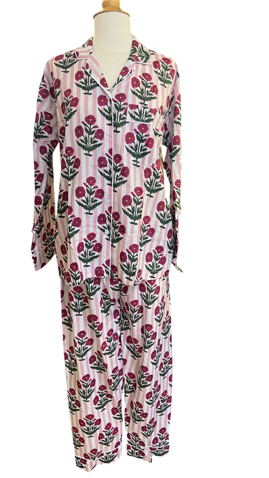 Pyjama long femme en coton indien, rayures roses et imprimé floral rose à manches longues