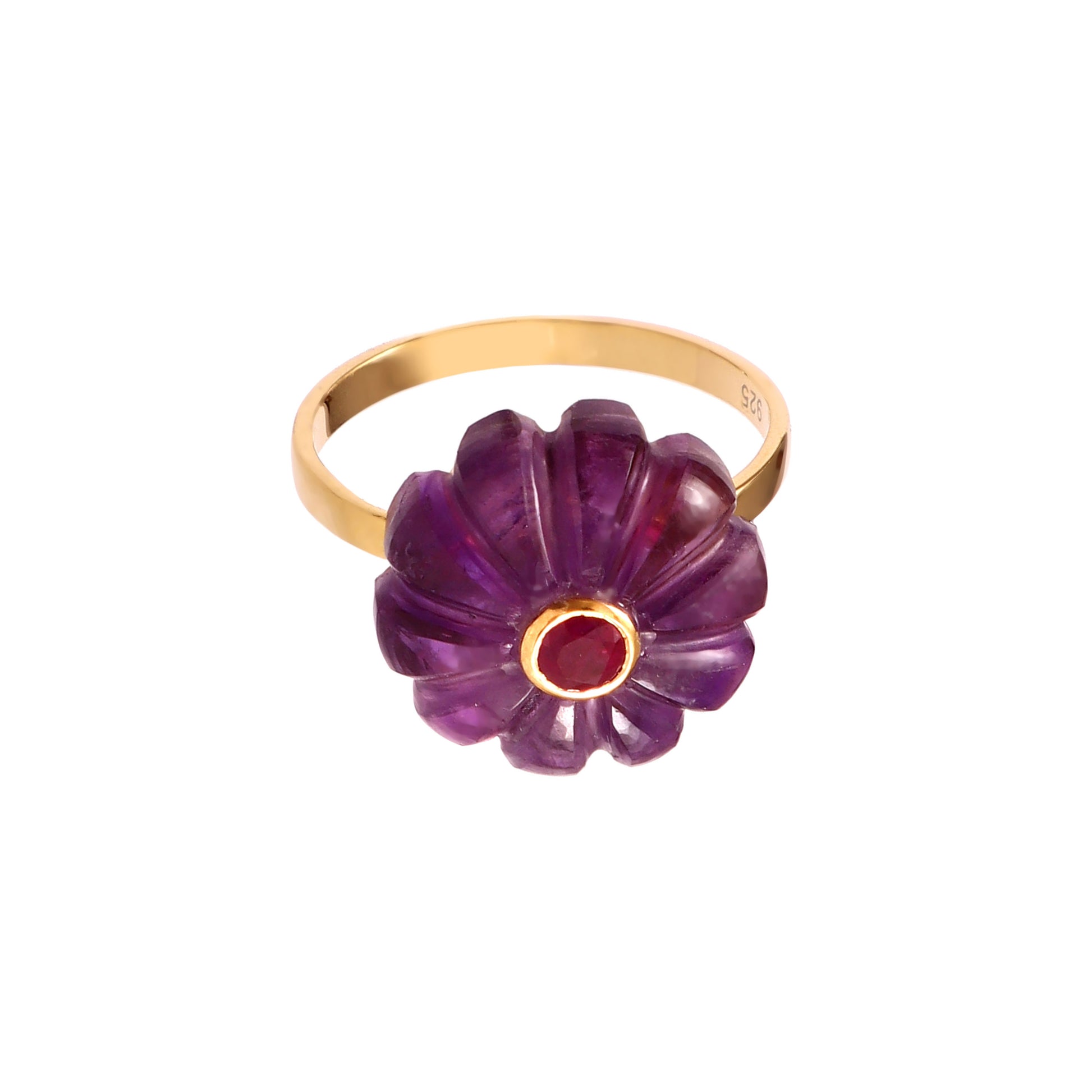 Bague Amara en argent plaqué or avec améthyste sculptée en fleur et rubis au centre, Mademoiselle Azalée