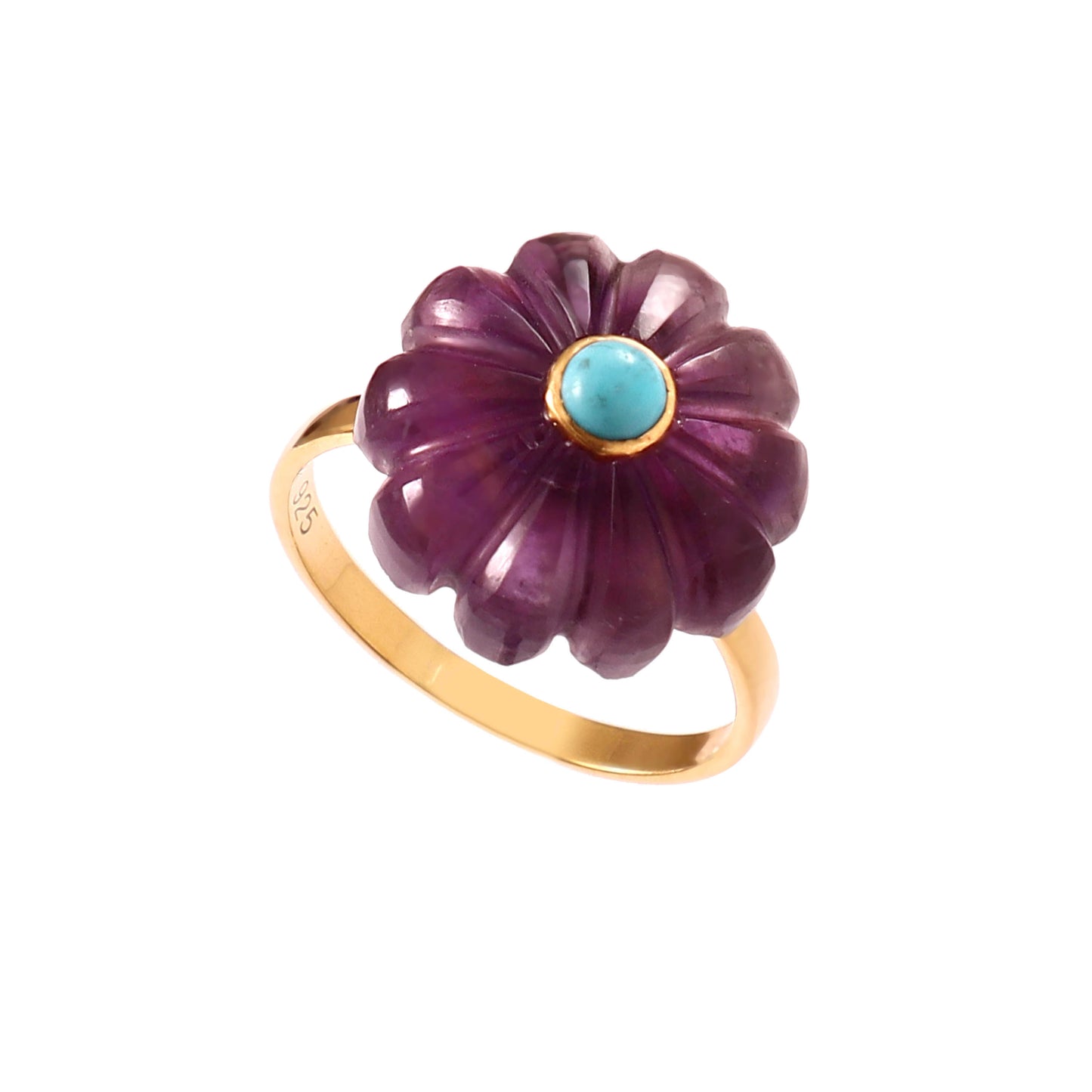 Bague Amara en argent plaqué or avec fleur sculptée en améthyste violette et cabochon turquoise, Mademoiselle Azalée Agen