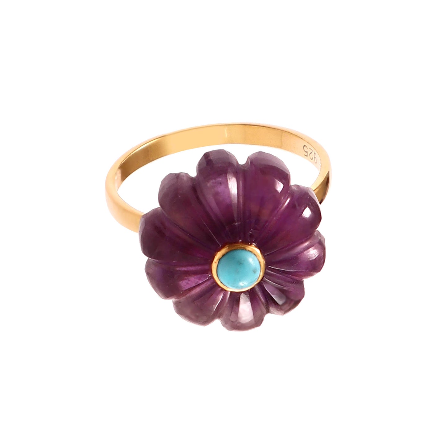 Bague Amara en argent plaqué or avec fleur sculptée en améthyste violette et cabochon turquoise, Mademoiselle Azalée Agen