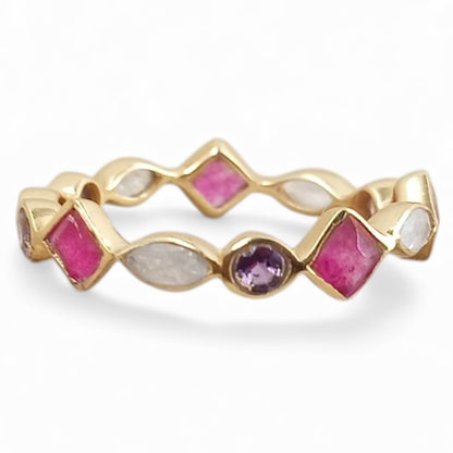 Bague Gauvin en améthyste, quartz rose et pierre de lune en argent 925 plaqué or, création Mademoiselle Azalée