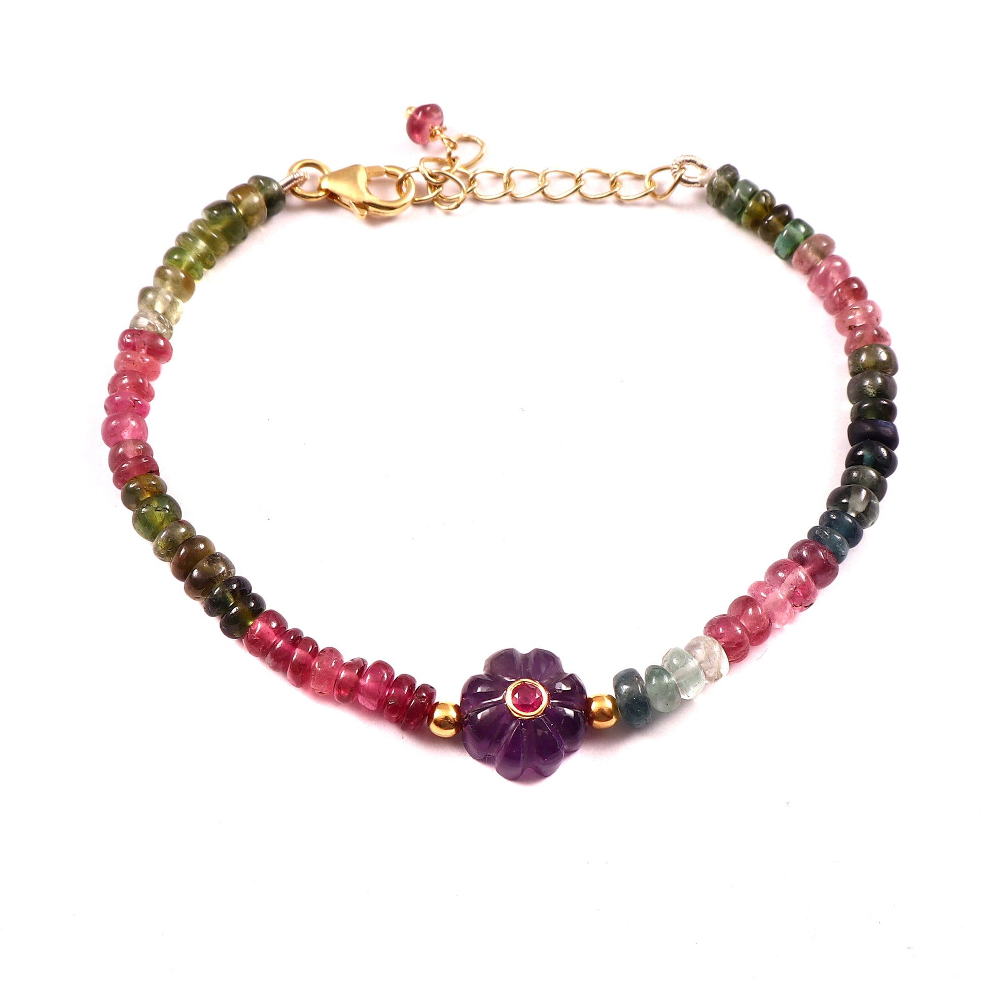 Bracelet Amara en tourmalines multicolores avec fleur en améthyste et cabochon rubis