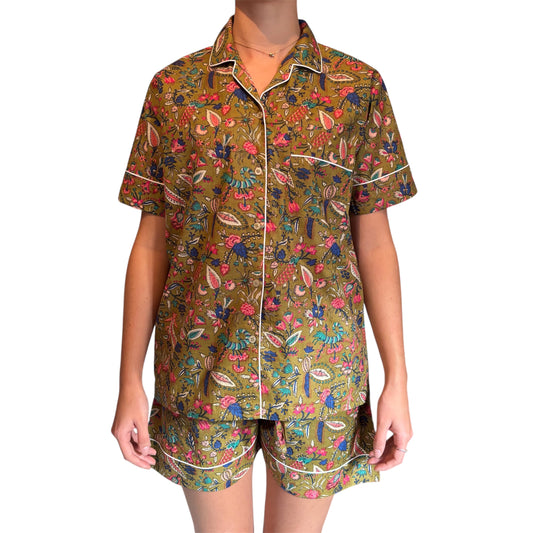 Pyjama court Jaipur femme en voile de coton, imprimé floral indien multicolore, ensemble confortable chemise et short Mademoiselle Azalée à Agen