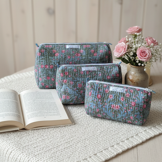 Kit de trousses de toilette City Palace en coton matelassé gris à motifs floraux roses, ensemble fait main présenté sur une table avec un livre ouvert et un bouquet de roses, création Mademoiselle Azalée à Agen 