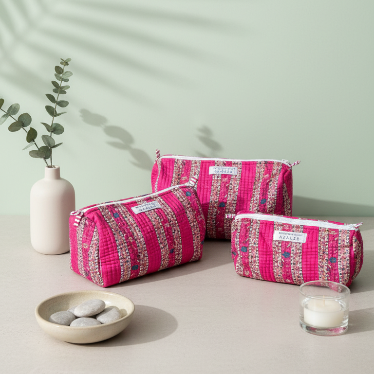 Kit de trousses de toilette en coton rose motif Gulab, fait main et rembourré, idéal pour maquillage et accessoires, Mademoiselle Azalée à Agen