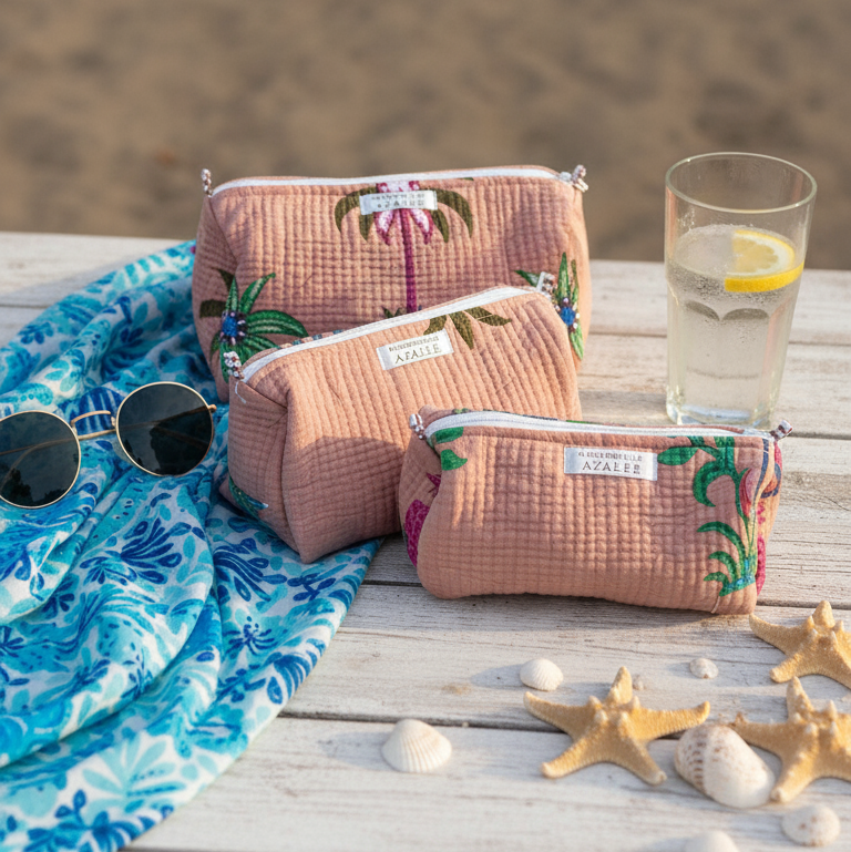 Kit de trousses de toilette Palmito en coton gaufré rose, décoré de motifs palmiers, présenté en trio sur une table en bois au bord de la plage avec des accessoires d’été, par Mademoiselle Azalée à Agen