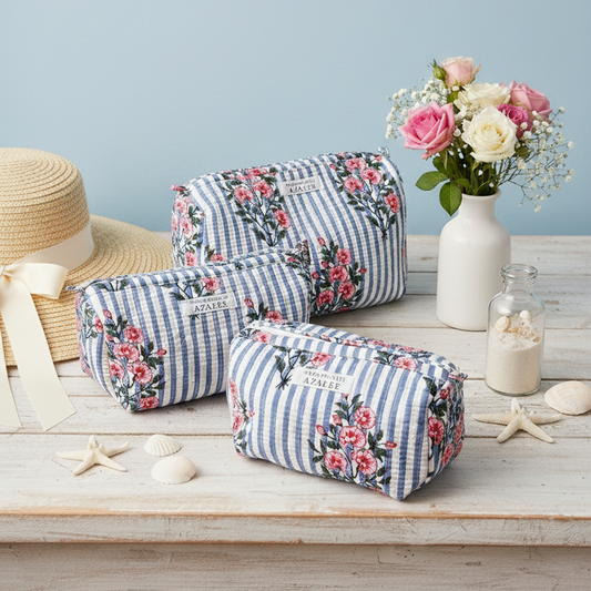 Kit de trousses de toilette Peonie Blue en coton rayé bleu et blanc avec motifs fleurs de pivoine, présenté en trio sur une table décorée de coquillages, d’un chapeau d’été et d’un bouquet de fleurs, par Mademoiselle Azalée à Agen