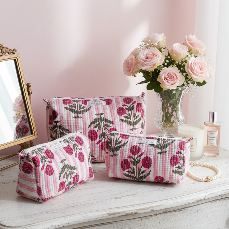 Kit de trousses de toilette Peonie Pink en coton rose à motifs fleurs de pivoine, ensemble de trois trousses fait main présenté sur une coiffeuse avec miroir, bouquet de roses et accessoires de beauté, Mademoiselle Azalée à Agen