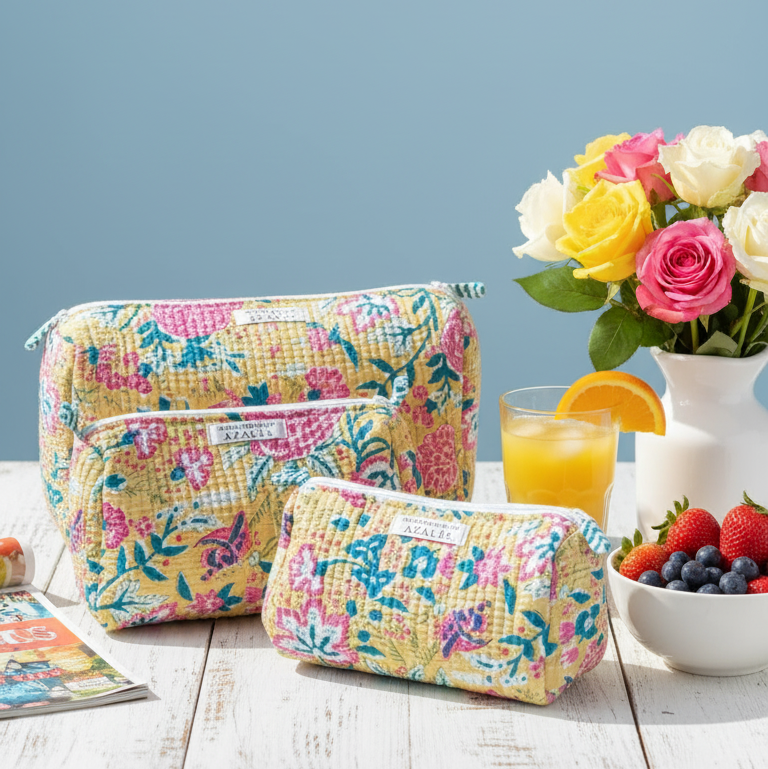 Kit de trousses de toilette Suna en coton jaune imprimé floral, ensemble fait main présenté sur table en bois avec bouquet de fleurs, jus d’orange et fruits, création Mademoiselle Azalée à Agen 