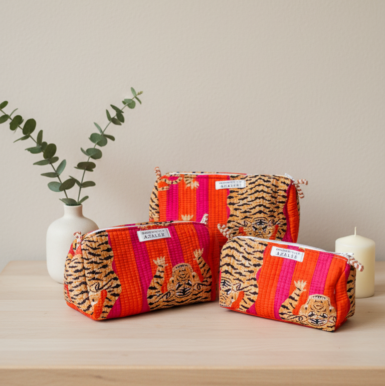 Kit de trousses de toilette Tiger en coton matelassé rouge à motifs tigrés, ensemble fait main présenté sur une table avec un vase d’eucalyptus et une bougie, création Mademoiselle Azalée à Agen