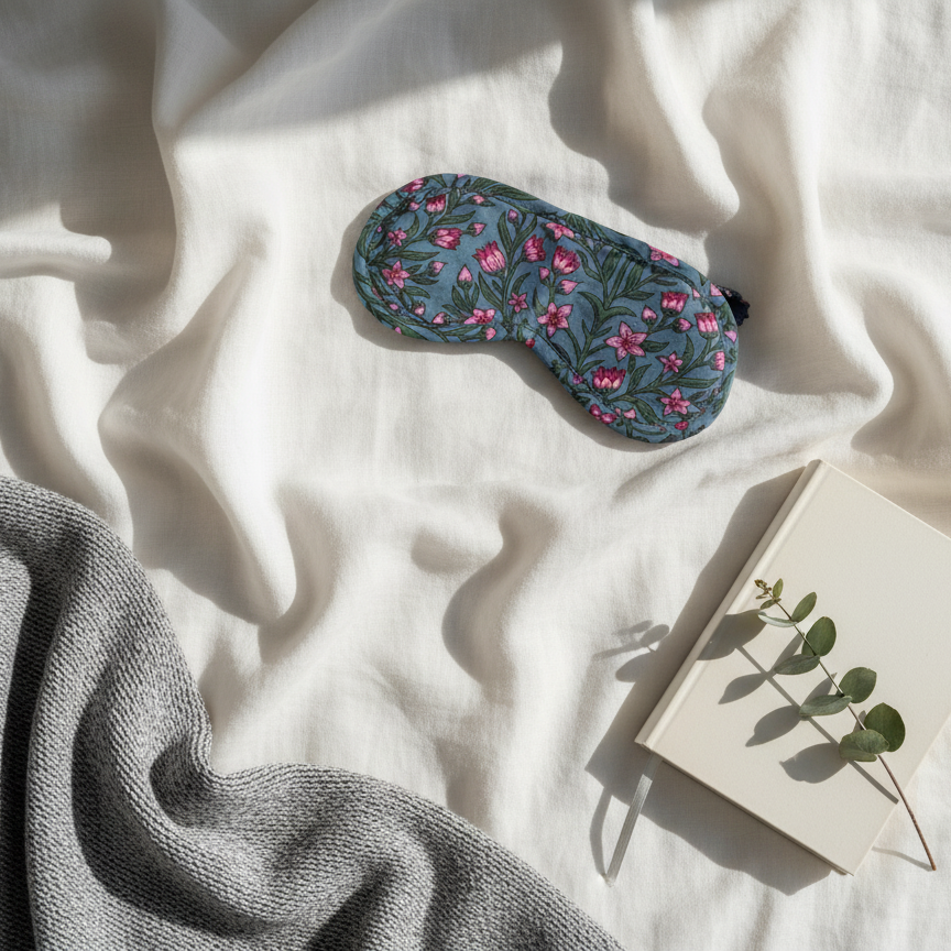 Masque de nuit City Palace en coton, motif floral bleu et rose, accessoire de sommeil fait main, Mademoiselle Azalée à Agen